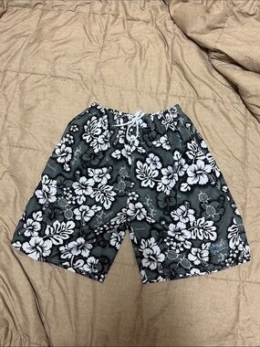 Men's Black & White Hawaiian Tropical Floral Swim Trunks Lined Drawstring Large